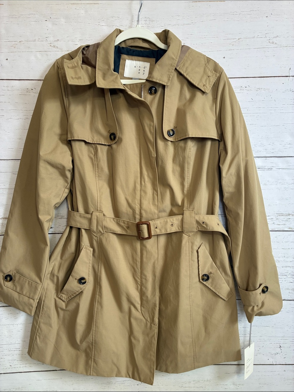A New Day Tan Belted/Hooded Trench Rain Coat, sz XL, NWT